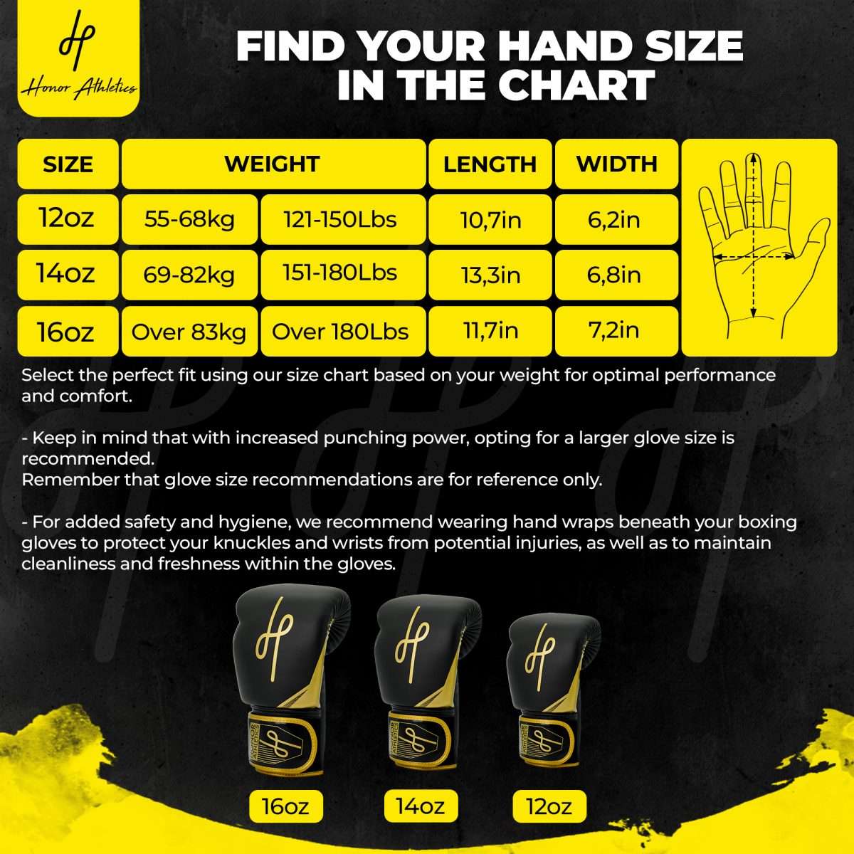 Honor Athletics Black Gold Boxing Gloves size chart
