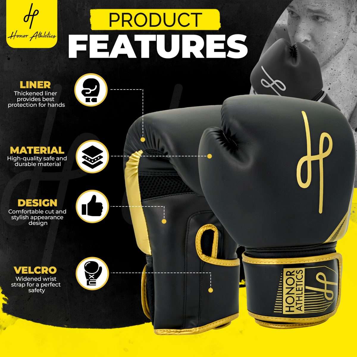 Honor Athletics Black Gold Boxing Gloves Features