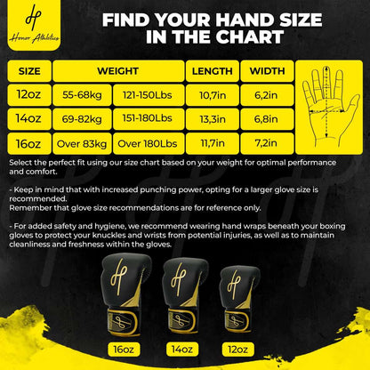 Honor Athletics Black Gold Boxing Gloves size chart